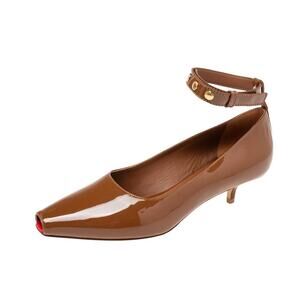 Burberry Brown Patent Leather Dill Kitten Heel Ankle Cuff Pumps Heels 38 Satin